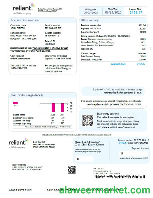 USA Reliant Energy utility bill template in Word and PDF formats, version 3